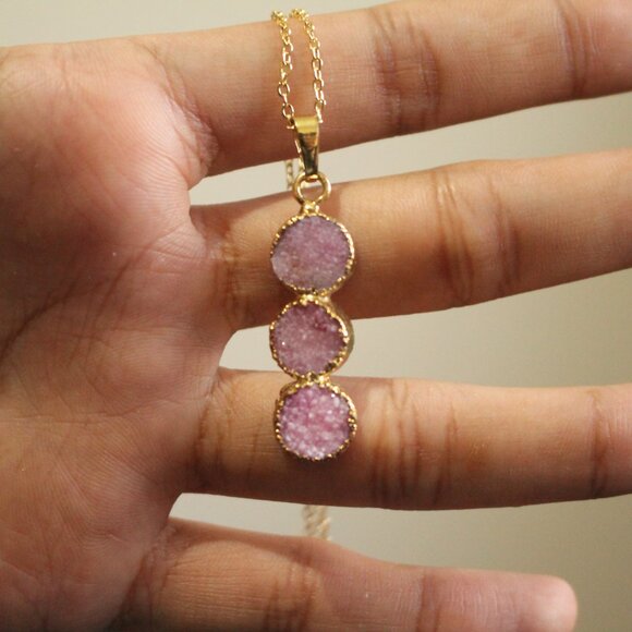 Pink Triple Druzy Stone Pendant Necklace – Gold Trim - Picture 3 of 3
